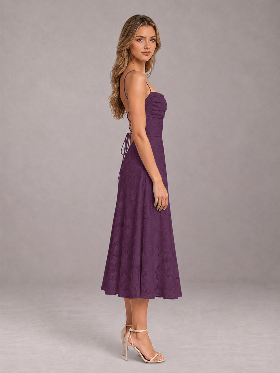 Plum A-Line/Princess Spaghetti Strap Sleeveless Floral Lace Tea-Length Bridesmaid Dress