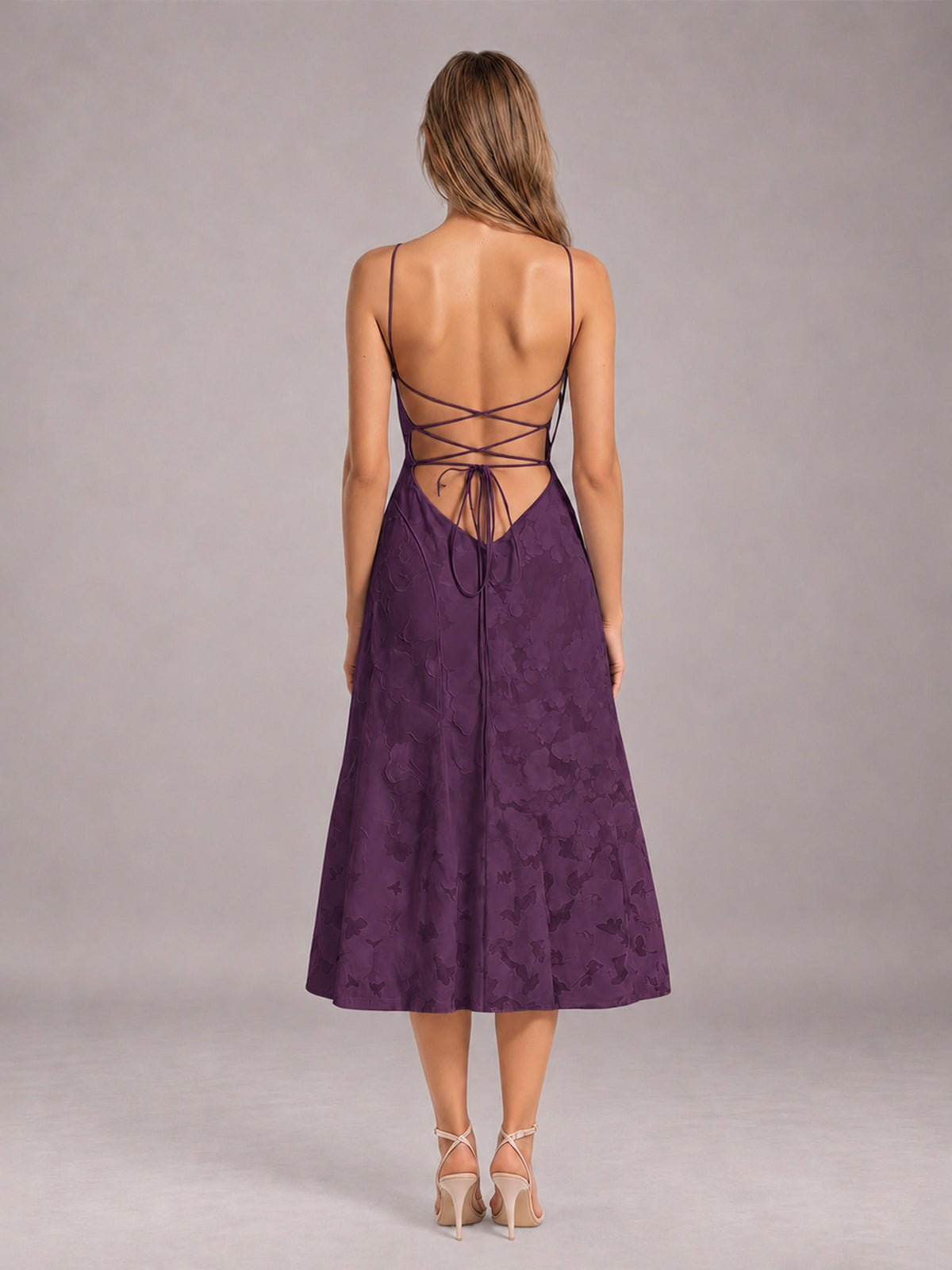 Plum A-Line/Princess Spaghetti Strap Sleeveless Floral Lace Tea-Length Bridesmaid Dress