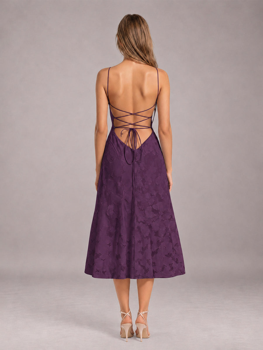 Plum A-Line/Princess Spaghetti Strap Sleeveless Floral Lace Tea-Length Bridesmaid Dress