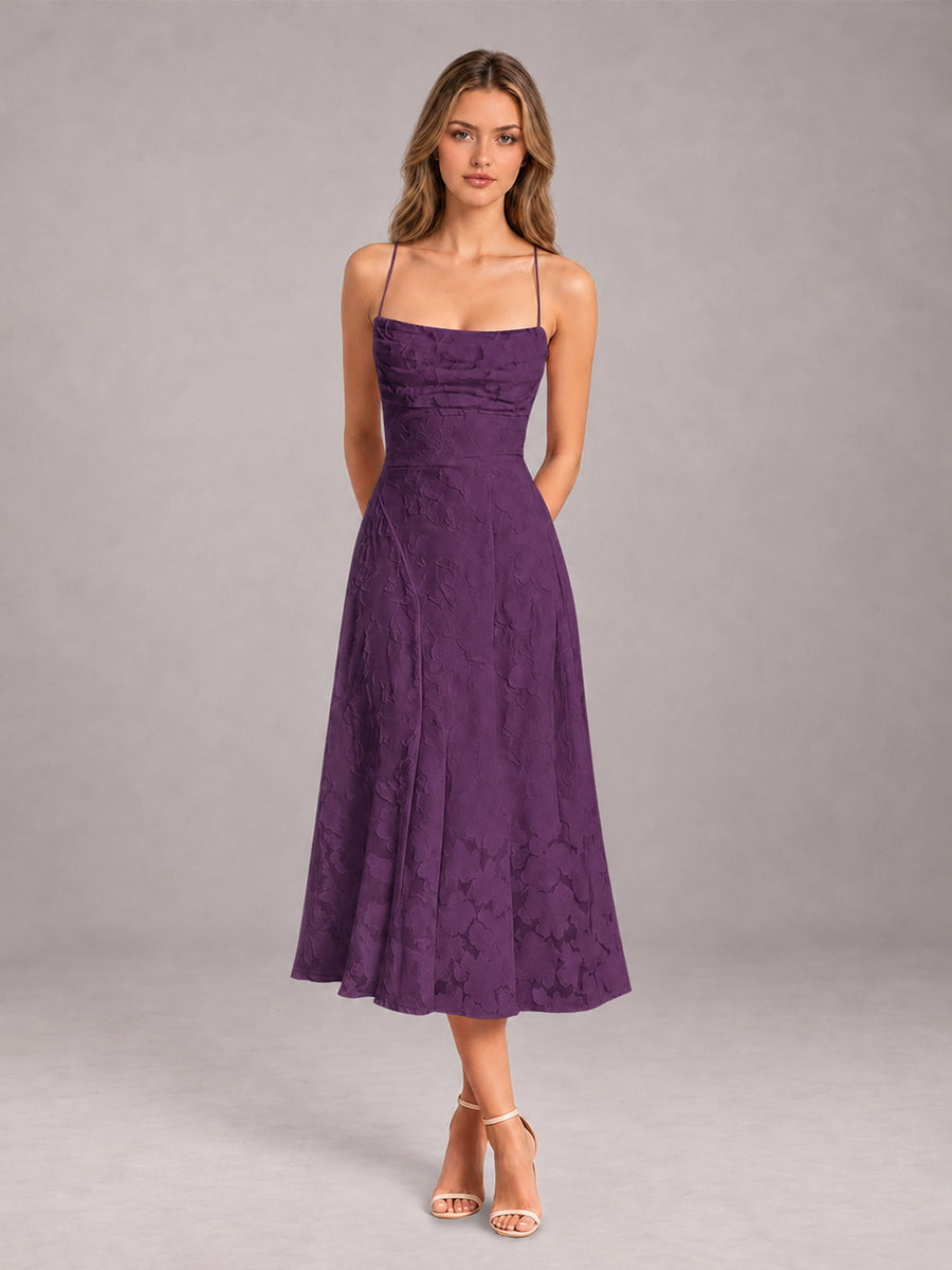 Plum A-Line/Princess Spaghetti Strap Sleeveless Floral Lace Tea-Length Bridesmaid Dress