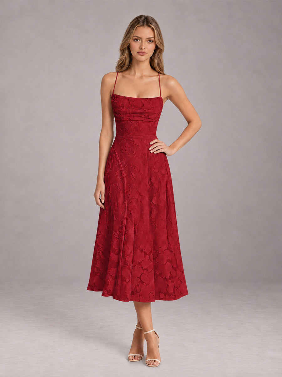 Red A-Line/Princess Spaghetti Strap Sleeveless Floral Lace Tea-Length Bridesmaid Dress