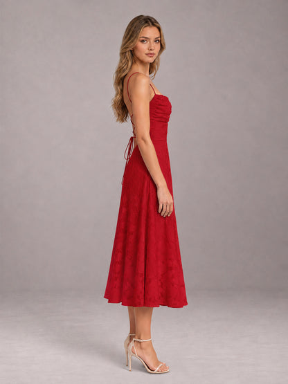 Red A-Line/Princess Spaghetti Strap Sleeveless Floral Lace Tea-Length Bridesmaid Dress