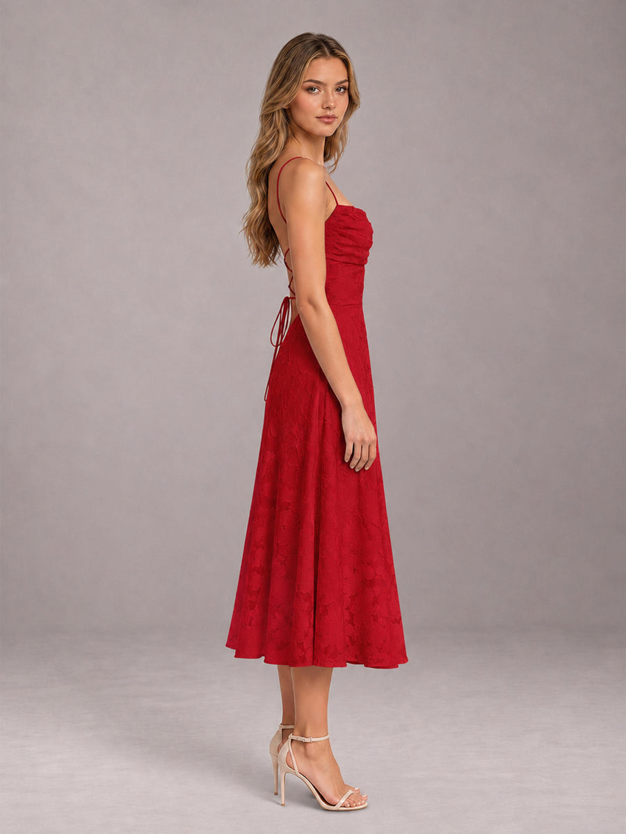 Red A-Line/Princess Spaghetti Strap Sleeveless Floral Lace Tea-Length Bridesmaid Dress