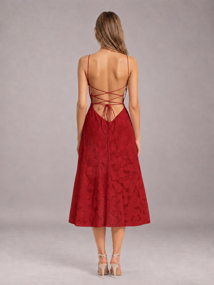 Red A-Line/Princess Spaghetti Strap Sleeveless Floral Lace Tea-Length Bridesmaid Dress