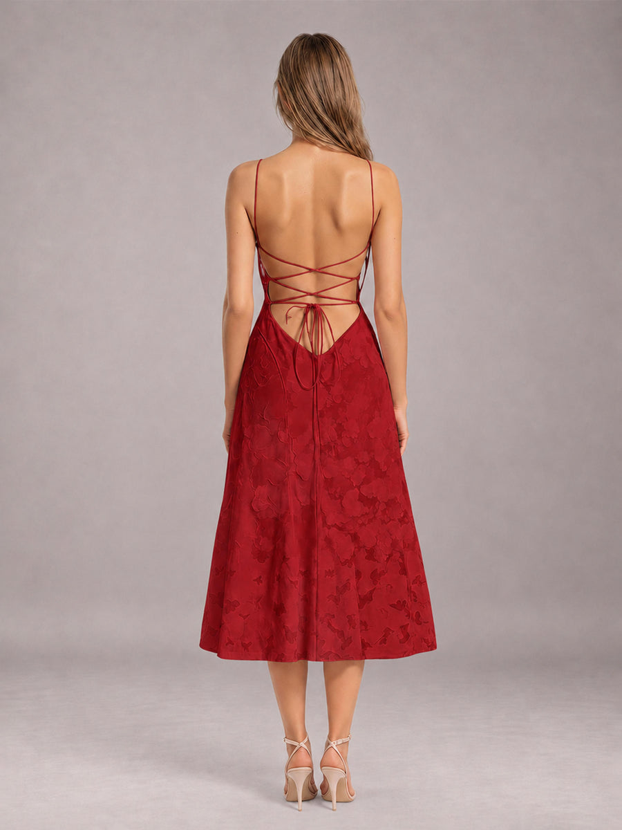 Red A-Line/Princess Spaghetti Strap Sleeveless Floral Lace Tea-Length Bridesmaid Dress