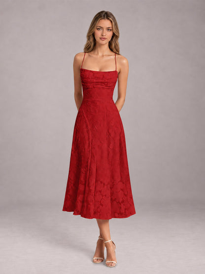Red A-Line/Princess Spaghetti Strap Sleeveless Floral Lace Tea-Length Bridesmaid Dress