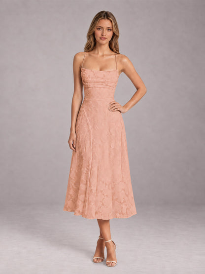 Rose Gold A-Line/Princess Spaghetti Strap Sleeveless Floral Lace Tea-Length Bridesmaid Dress