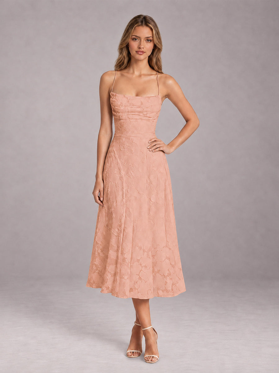Rose Gold A-Line/Princess Spaghetti Strap Sleeveless Floral Lace Tea-Length Bridesmaid Dress