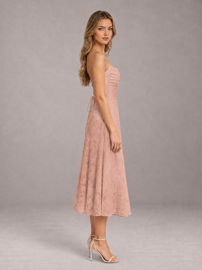 Rose Gold A-Line/Princess Spaghetti Strap Sleeveless Floral Lace Tea-Length Bridesmaid Dress