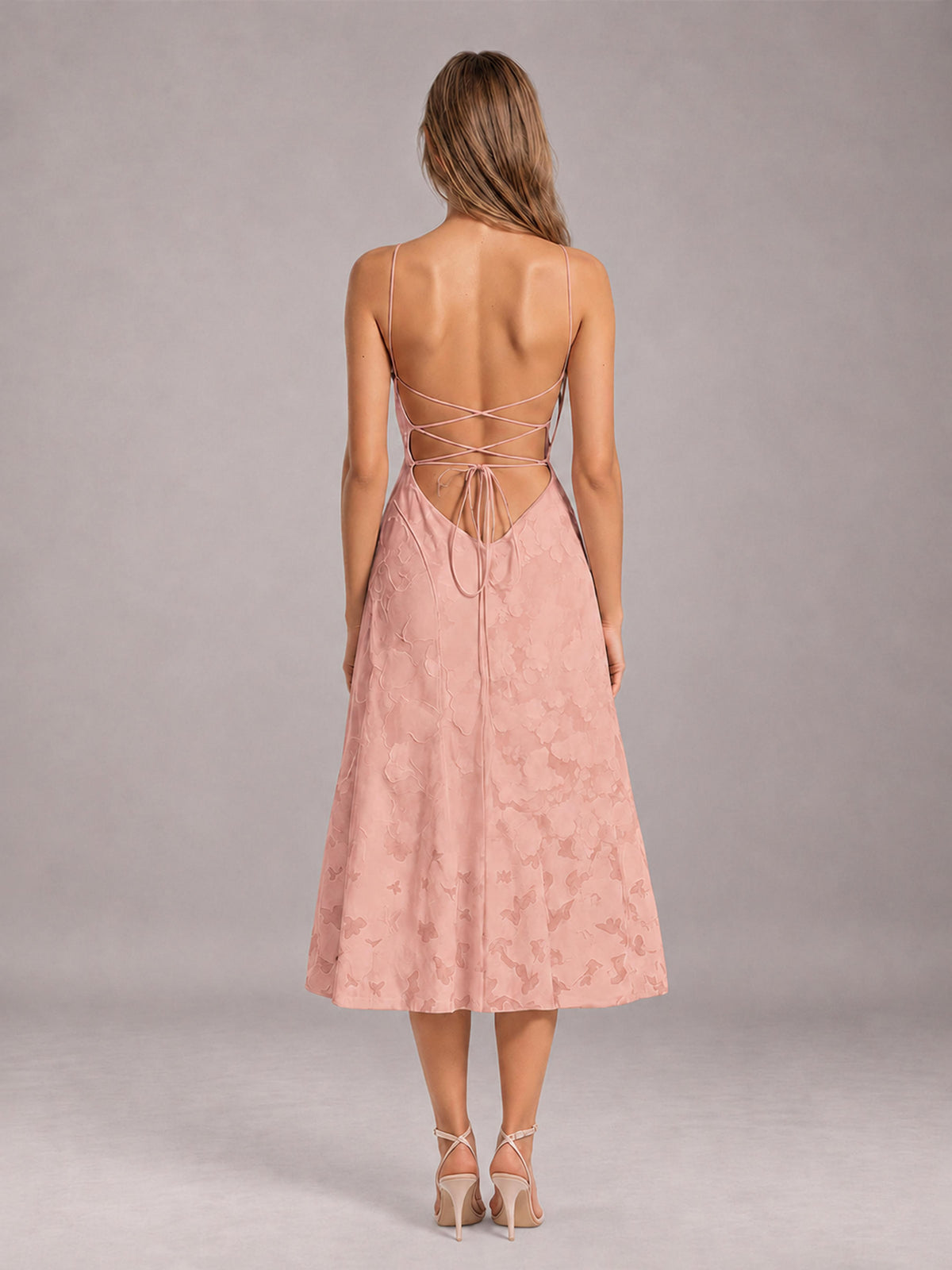 Rose Gold A-Line/Princess Spaghetti Strap Sleeveless Floral Lace Tea-Length Bridesmaid Dress