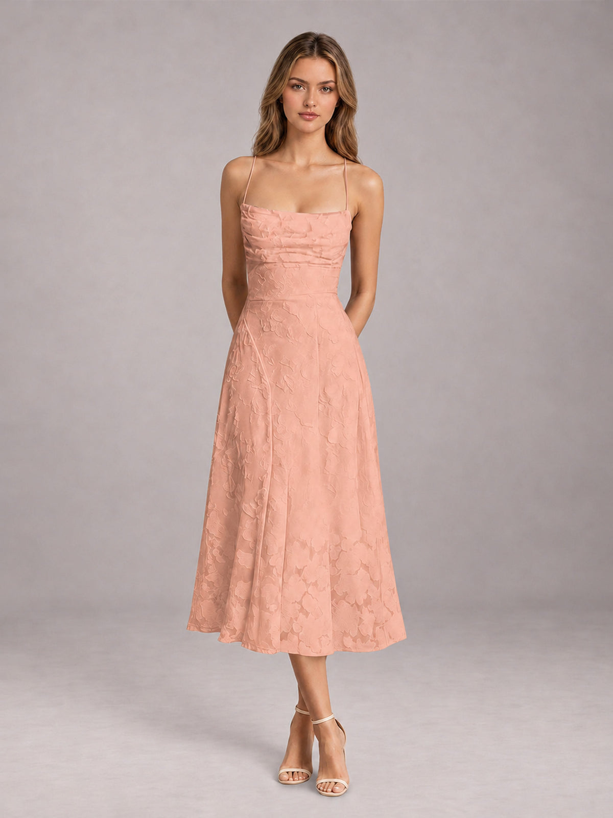 Rose Gold A-Line/Princess Spaghetti Strap Sleeveless Floral Lace Tea-Length Bridesmaid Dress