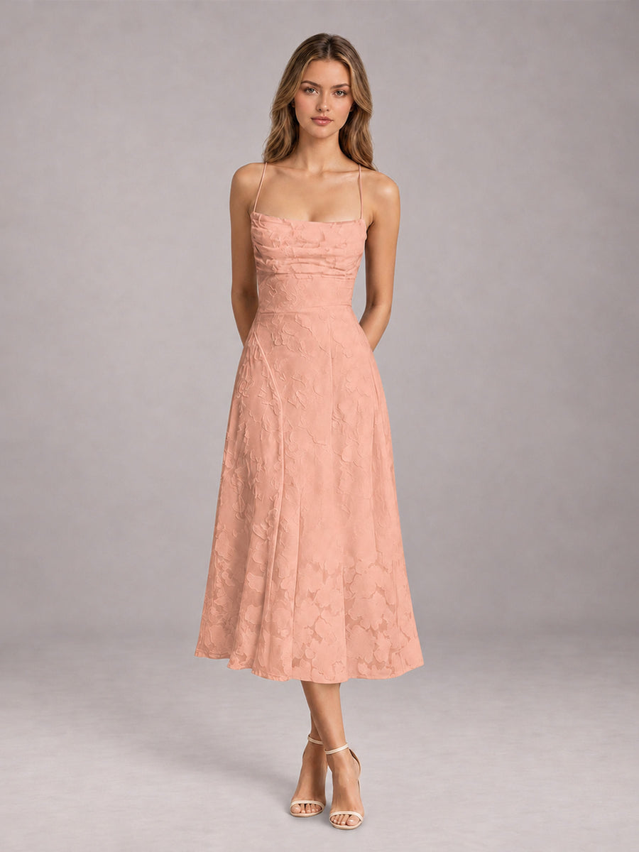 Rose Gold A-Line/Princess Spaghetti Strap Sleeveless Floral Lace Tea-Length Bridesmaid Dress