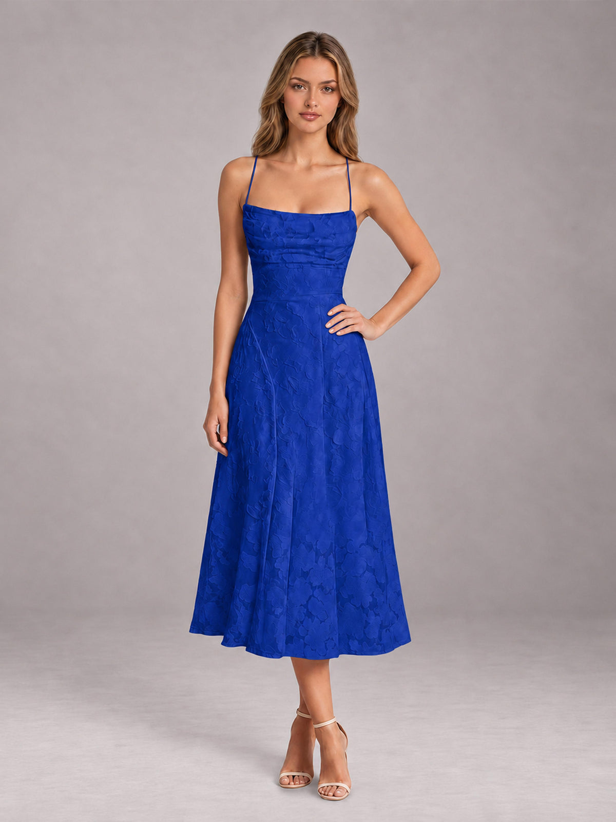 Royal Blue A-Line/Princess Spaghetti Strap Sleeveless Floral Lace Tea-Length Bridesmaid Dress
