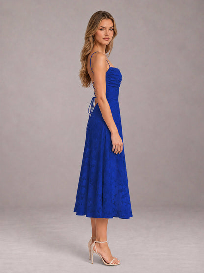 Royal Blue A-Line/Princess Spaghetti Strap Sleeveless Floral Lace Tea-Length Bridesmaid Dress