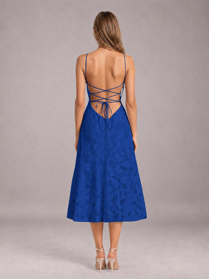 Royal Blue A-Line/Princess Spaghetti Strap Sleeveless Floral Lace Tea-Length Bridesmaid Dress