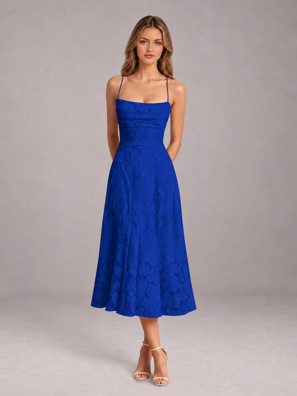 Royal Blue A-Line/Princess Spaghetti Strap Sleeveless Floral Lace Tea-Length Bridesmaid Dress
