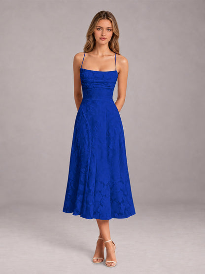 Royal Blue A-Line/Princess Spaghetti Strap Sleeveless Floral Lace Tea-Length Bridesmaid Dress