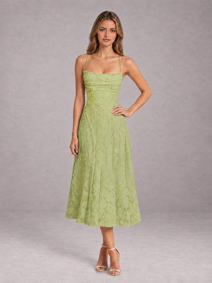 Sage Green A-Line/Princess Spaghetti Strap Sleeveless Floral Lace Tea-Length Bridesmaid Dress