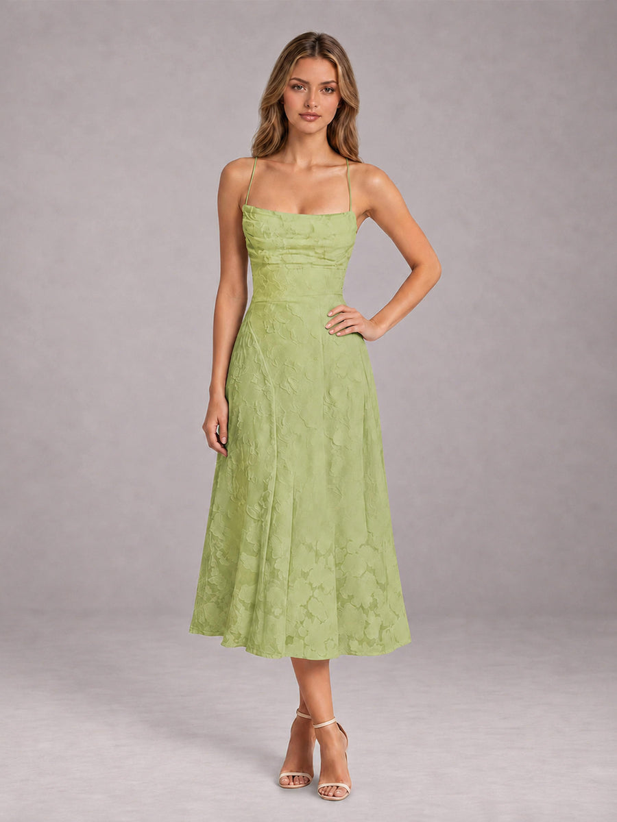 Sage Green A-Line/Princess Spaghetti Strap Sleeveless Floral Lace Tea-Length Bridesmaid Dress