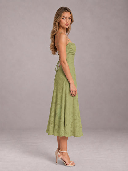 Sage Green A-Line/Princess Spaghetti Strap Sleeveless Floral Lace Tea-Length Bridesmaid Dress
