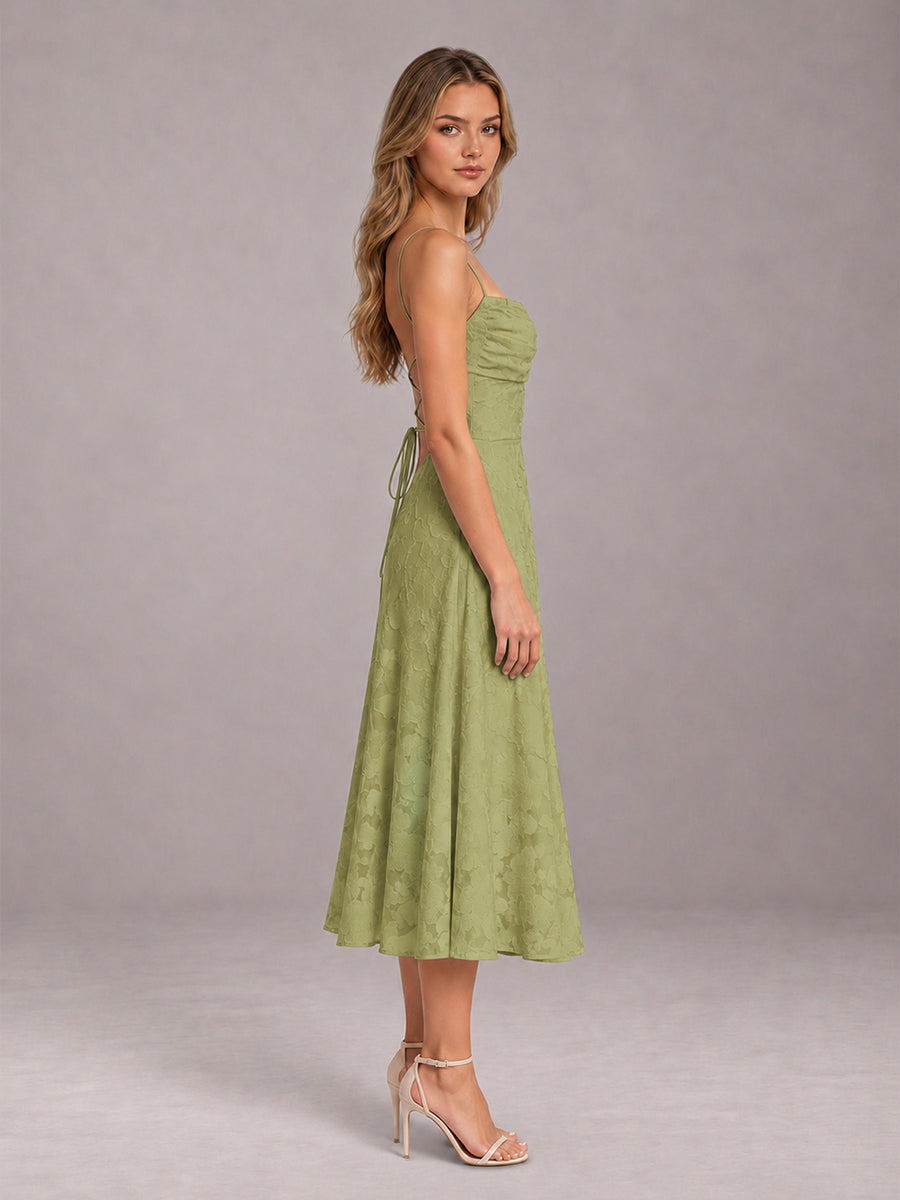 Sage Green A-Line/Princess Spaghetti Strap Sleeveless Floral Lace Tea-Length Bridesmaid Dress