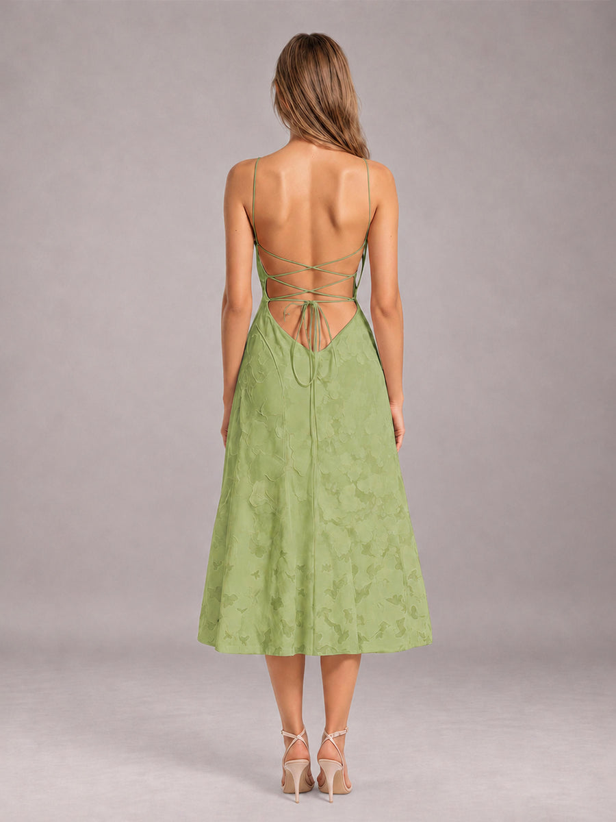 Sage Green A-Line/Princess Spaghetti Strap Sleeveless Floral Lace Tea-Length Bridesmaid Dress