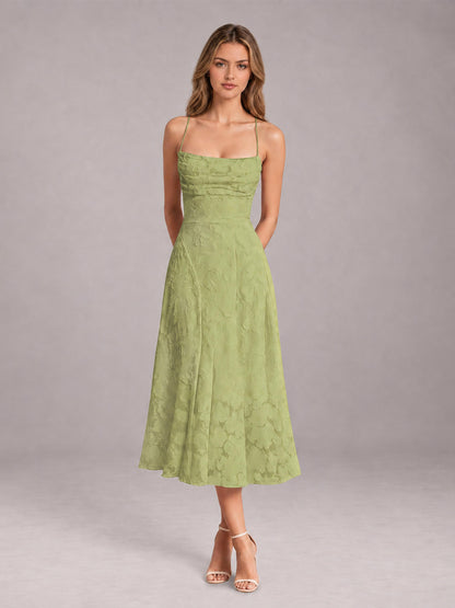 Sage Green A-Line/Princess Spaghetti Strap Sleeveless Floral Lace Tea-Length Bridesmaid Dress