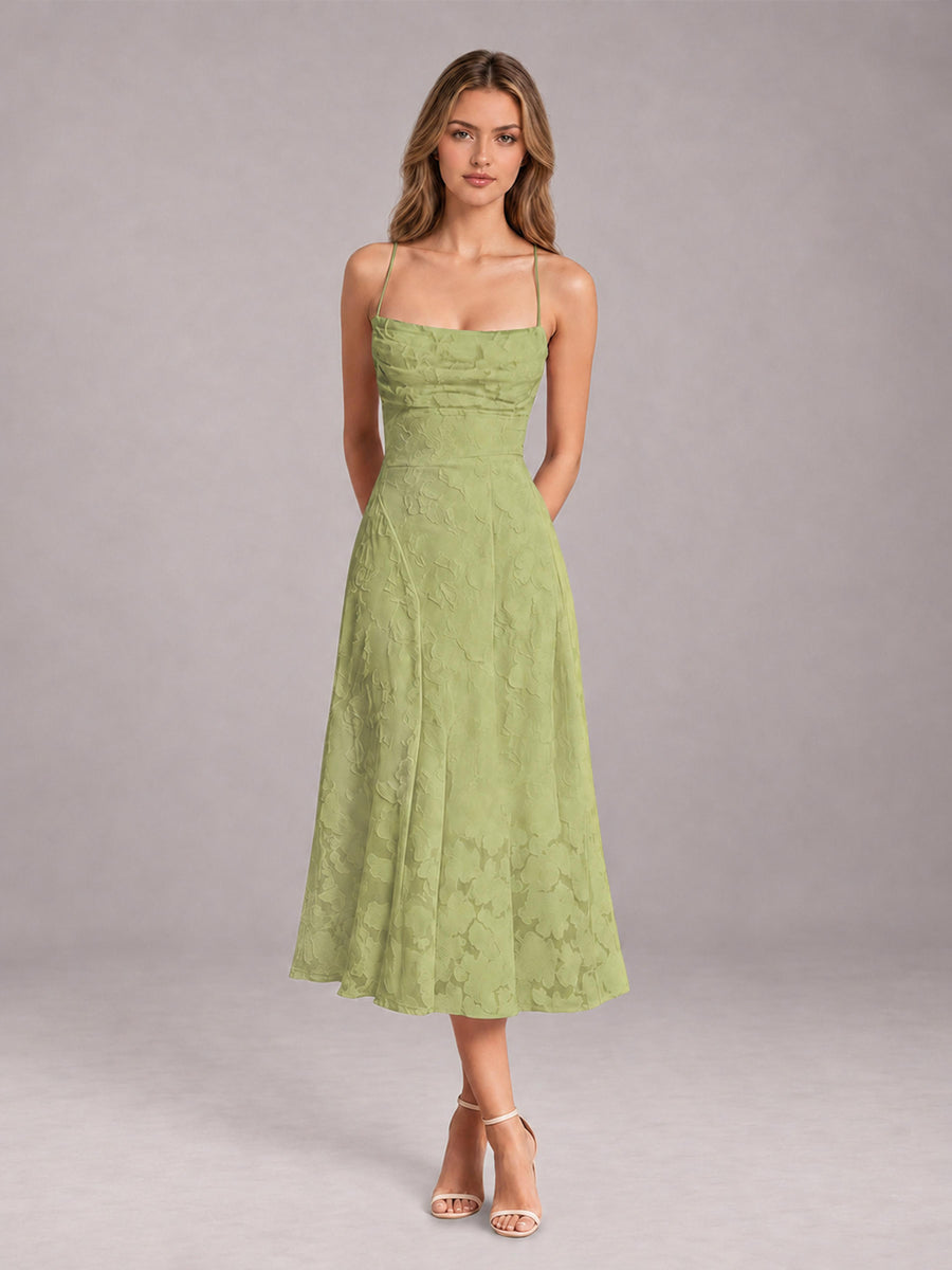 Sage Green A-Line/Princess Spaghetti Strap Sleeveless Floral Lace Tea-Length Bridesmaid Dress