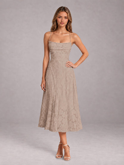 Taupe A-Line/Princess Spaghetti Strap Sleeveless Floral Lace Tea-Length Bridesmaid Dress