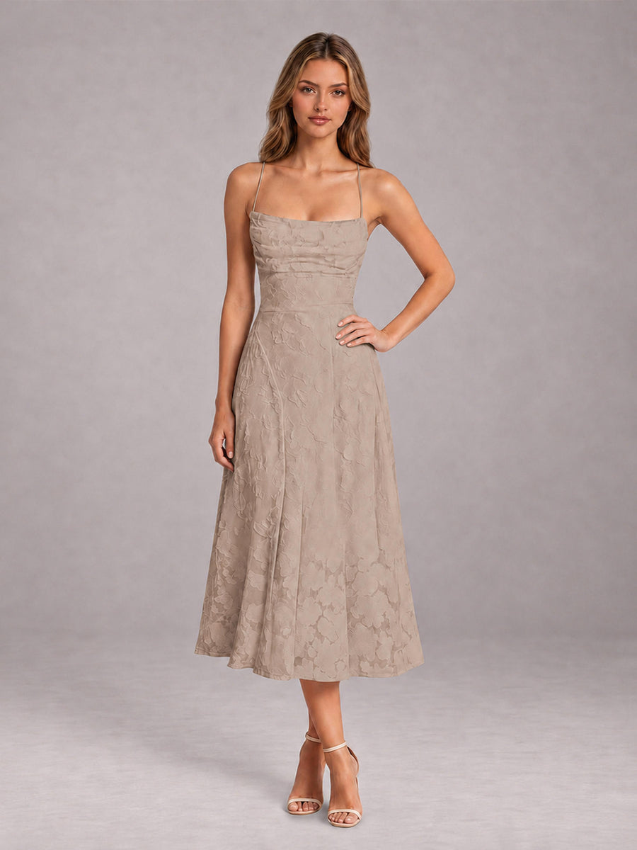 Taupe A-Line/Princess Spaghetti Strap Sleeveless Floral Lace Tea-Length Bridesmaid Dress