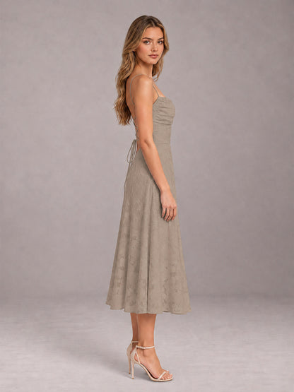 Taupe A-Line/Princess Spaghetti Strap Sleeveless Floral Lace Tea-Length Bridesmaid Dress