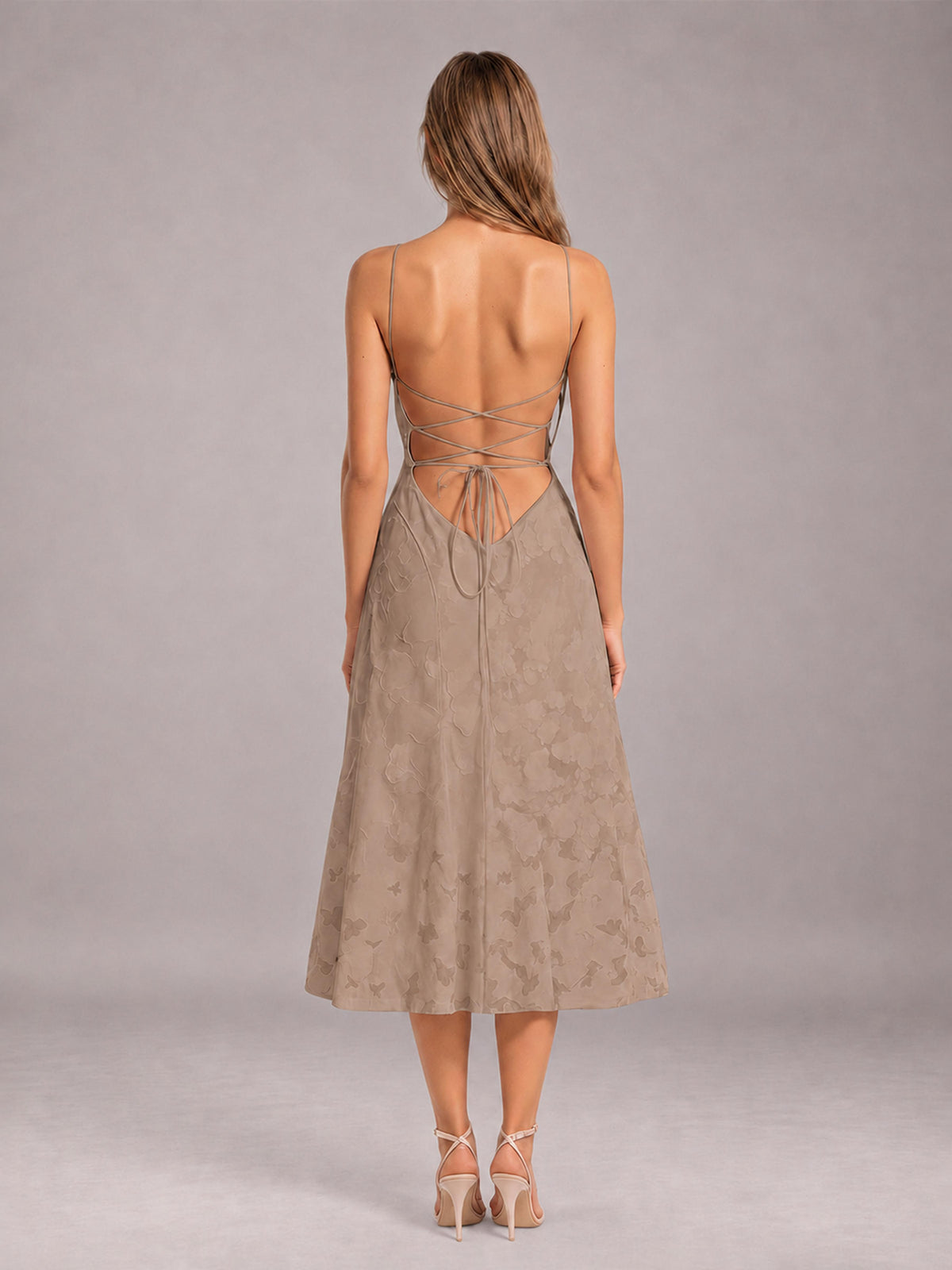 Taupe A-Line/Princess Spaghetti Strap Sleeveless Floral Lace Tea-Length Bridesmaid Dress