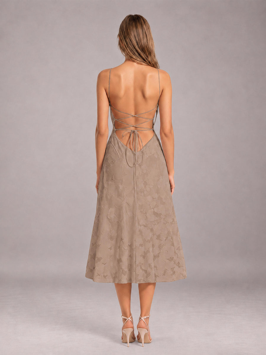 Taupe A-Line/Princess Spaghetti Strap Sleeveless Floral Lace Tea-Length Bridesmaid Dress