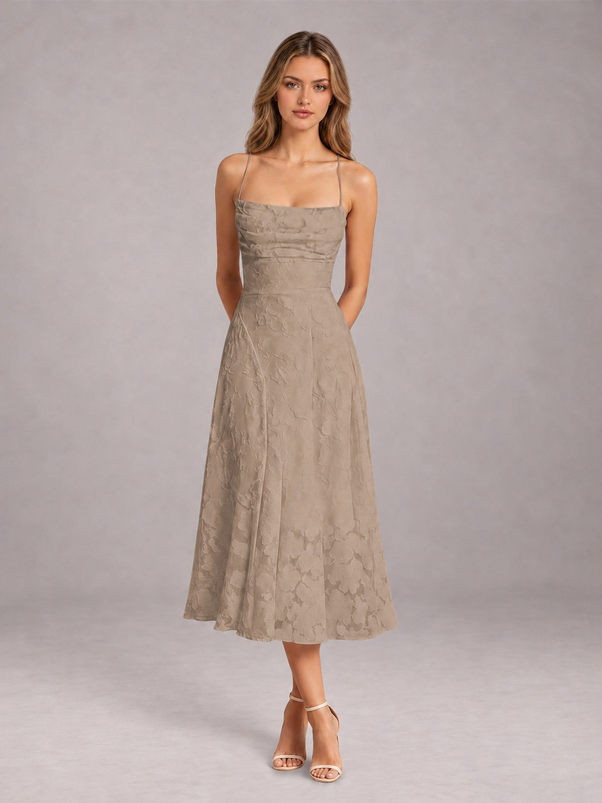 Taupe A-Line/Princess Spaghetti Strap Sleeveless Floral Lace Tea-Length Bridesmaid Dress