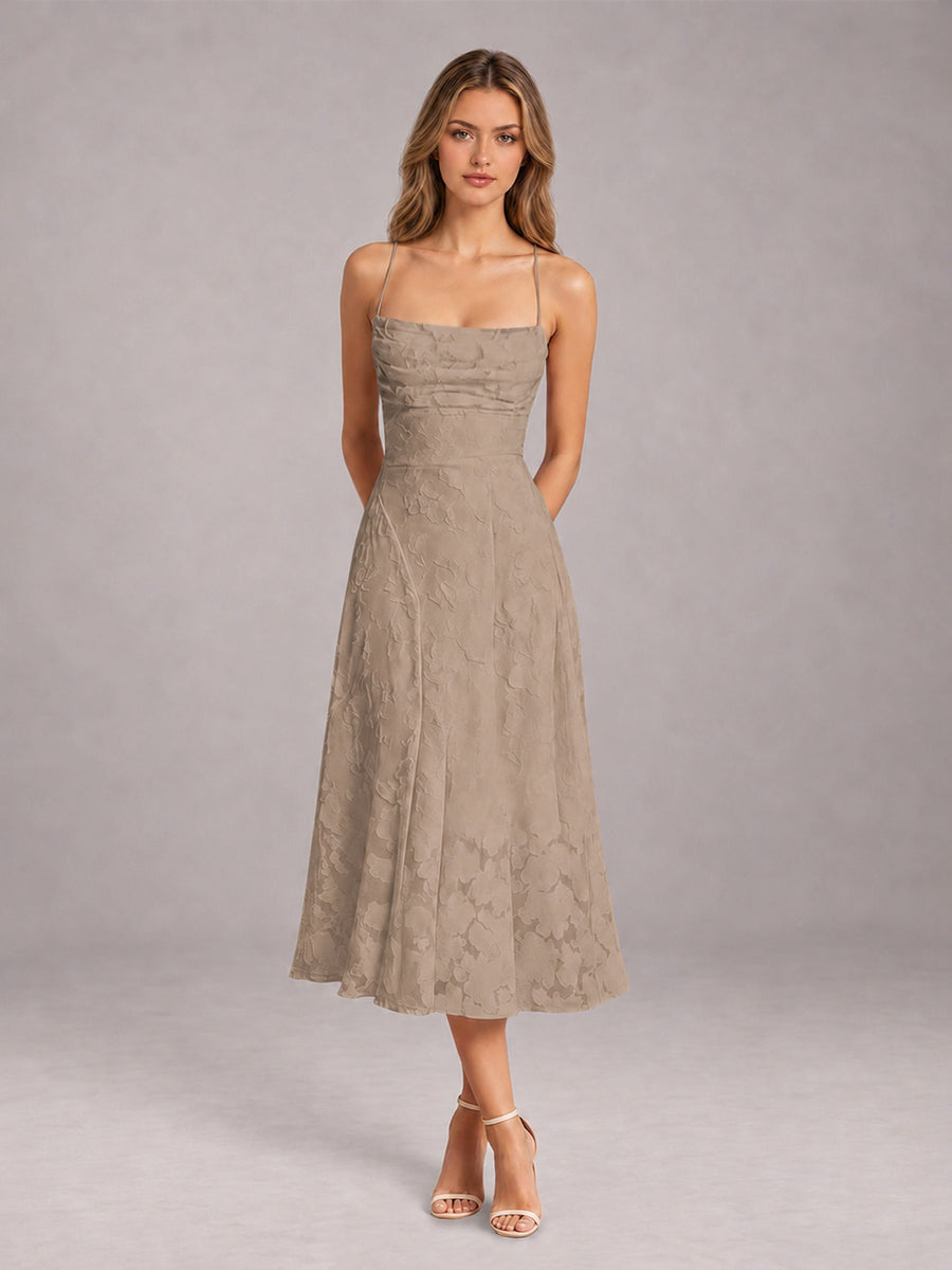 Taupe A-Line/Princess Spaghetti Strap Sleeveless Floral Lace Tea-Length Bridesmaid Dress