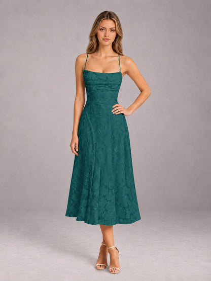 Teal A-Line/Princess Spaghetti Strap Sleeveless Floral Lace Tea-Length Bridesmaid Dress