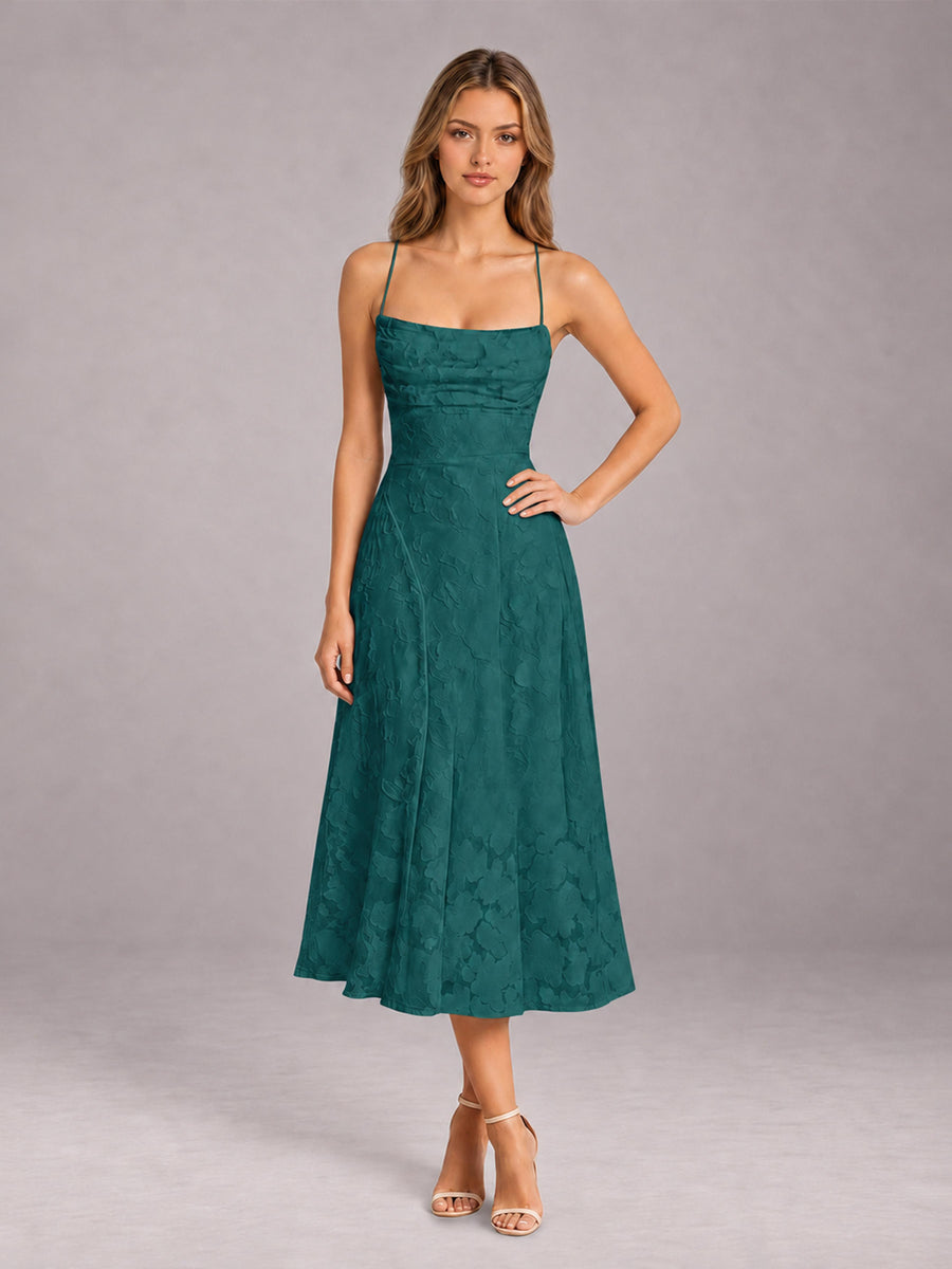 Teal A-Line/Princess Spaghetti Strap Sleeveless Floral Lace Tea-Length Bridesmaid Dress