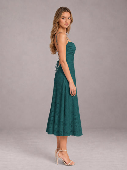Teal A-Line/Princess Spaghetti Strap Sleeveless Floral Lace Tea-Length Bridesmaid Dress