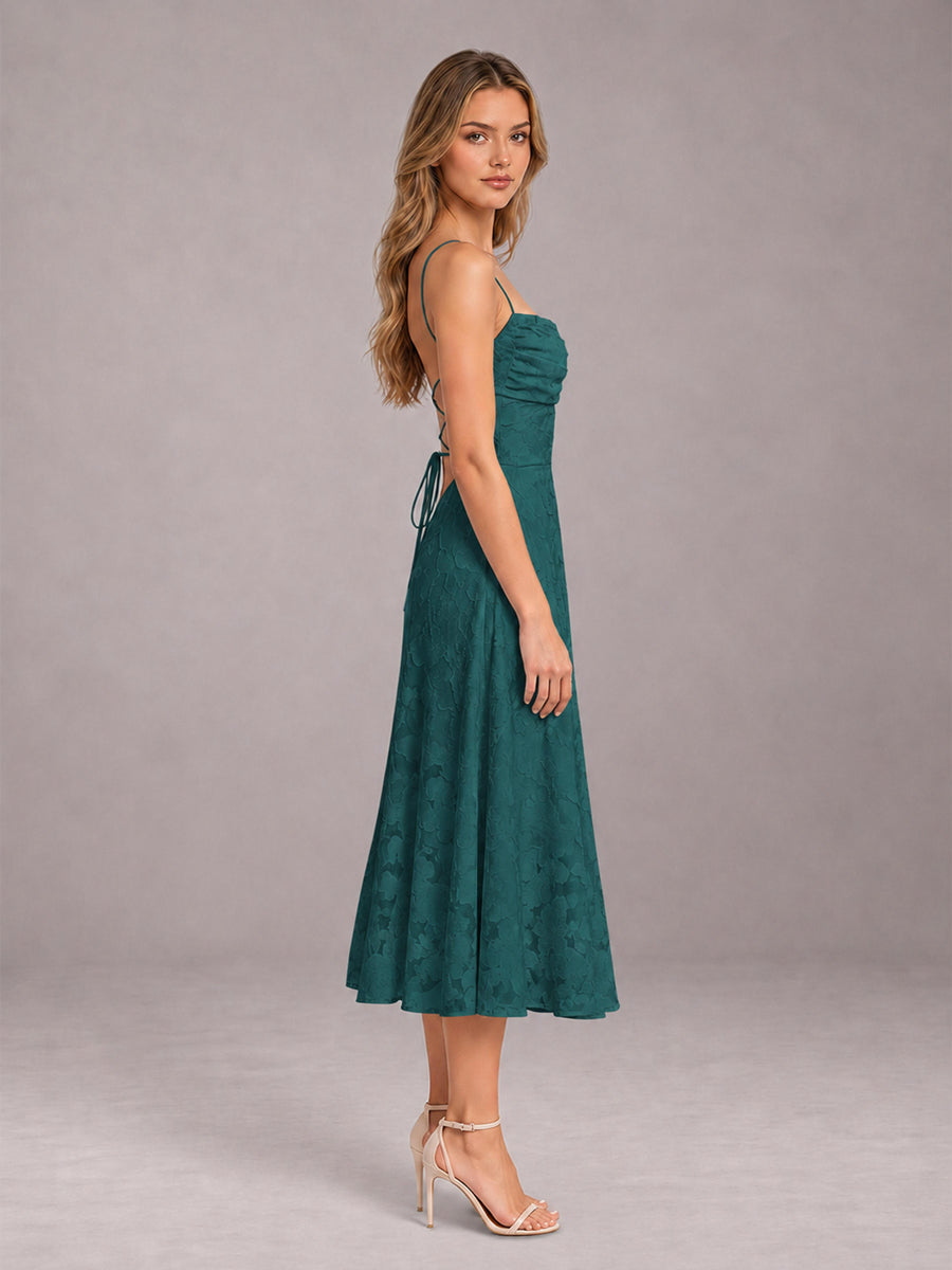 Teal A-Line/Princess Spaghetti Strap Sleeveless Floral Lace Tea-Length Bridesmaid Dress