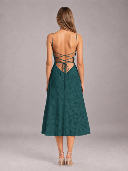 Teal A-Line/Princess Spaghetti Strap Sleeveless Floral Lace Tea-Length Bridesmaid Dress