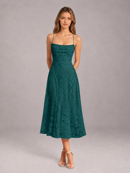 Teal A-Line/Princess Spaghetti Strap Sleeveless Floral Lace Tea-Length Bridesmaid Dress