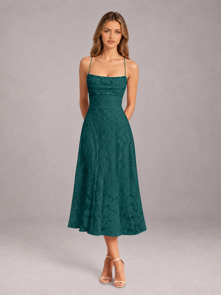 Teal A-Line/Princess Spaghetti Strap Sleeveless Floral Lace Tea-Length Bridesmaid Dress