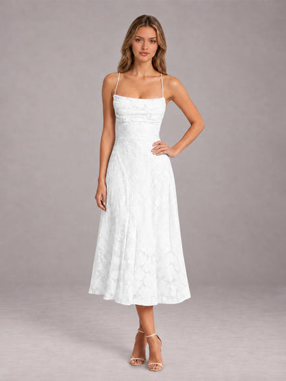 White A-Line/Princess Spaghetti Strap Sleeveless Floral Lace Tea-Length Bridesmaid Dress