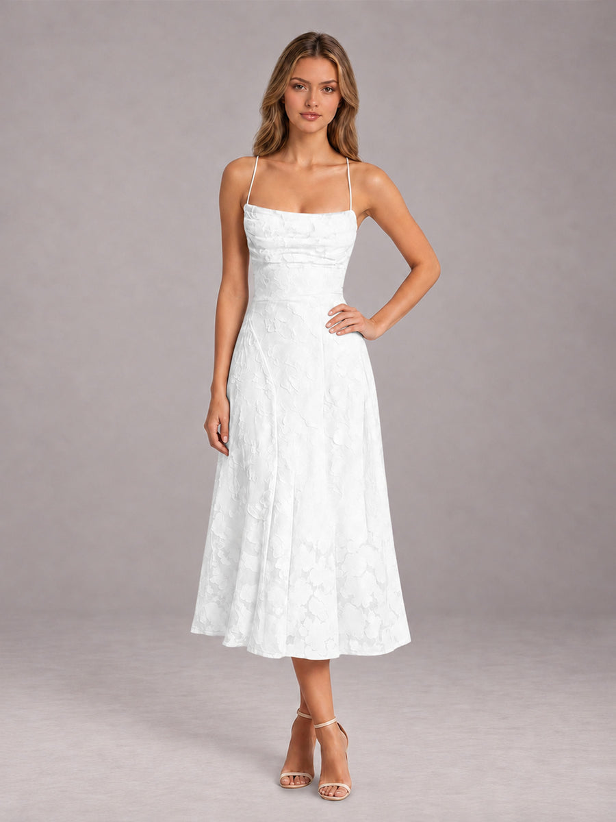 White A-Line/Princess Spaghetti Strap Sleeveless Floral Lace Tea-Length Bridesmaid Dress