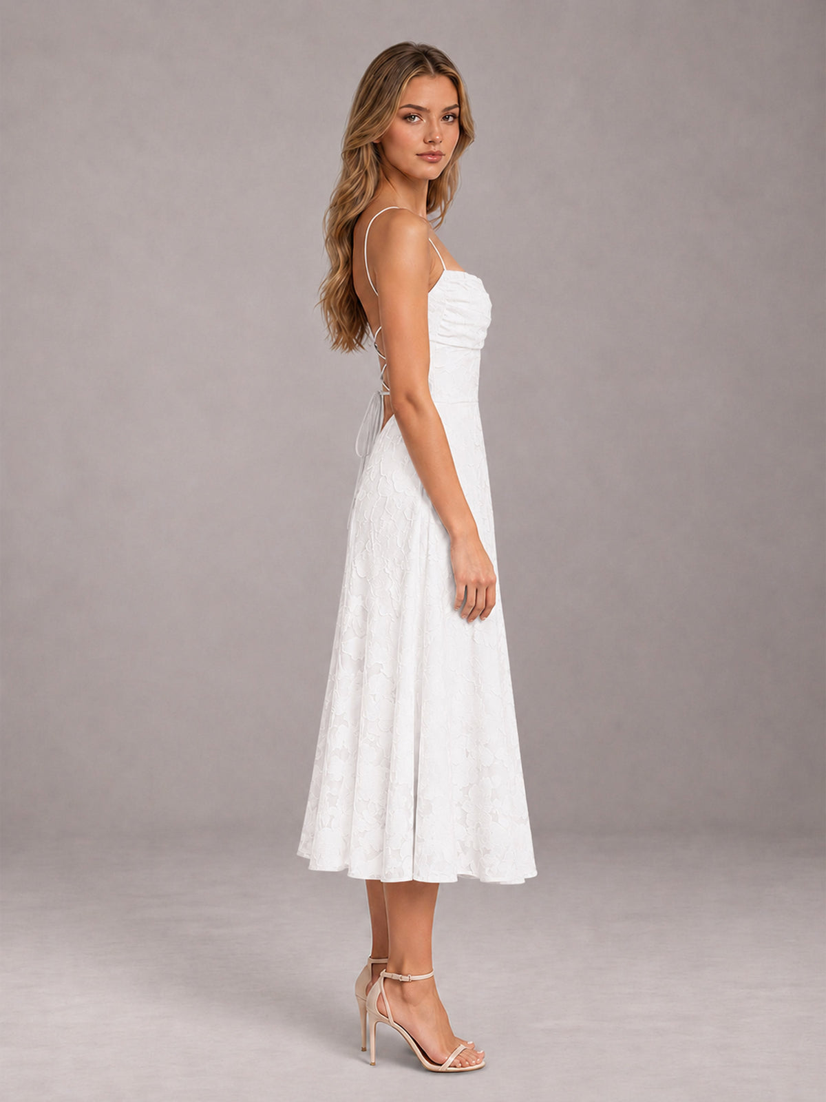White A-Line/Princess Spaghetti Strap Sleeveless Floral Lace Tea-Length Bridesmaid Dress