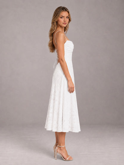 White A-Line/Princess Spaghetti Strap Sleeveless Floral Lace Tea-Length Bridesmaid Dress