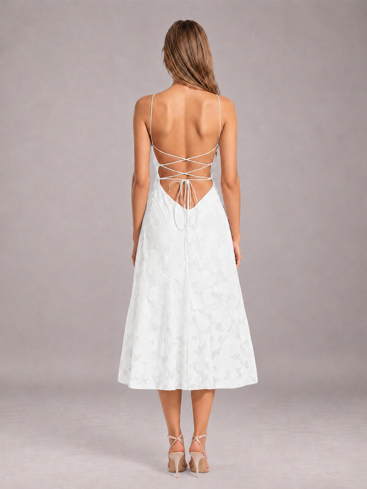 White A-Line/Princess Spaghetti Strap Sleeveless Floral Lace Tea-Length Bridesmaid Dress
