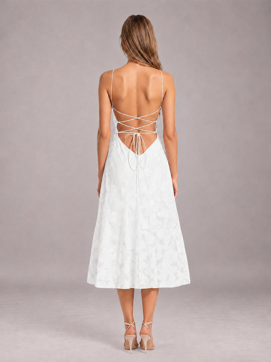 White A-Line/Princess Spaghetti Strap Sleeveless Floral Lace Tea-Length Bridesmaid Dress