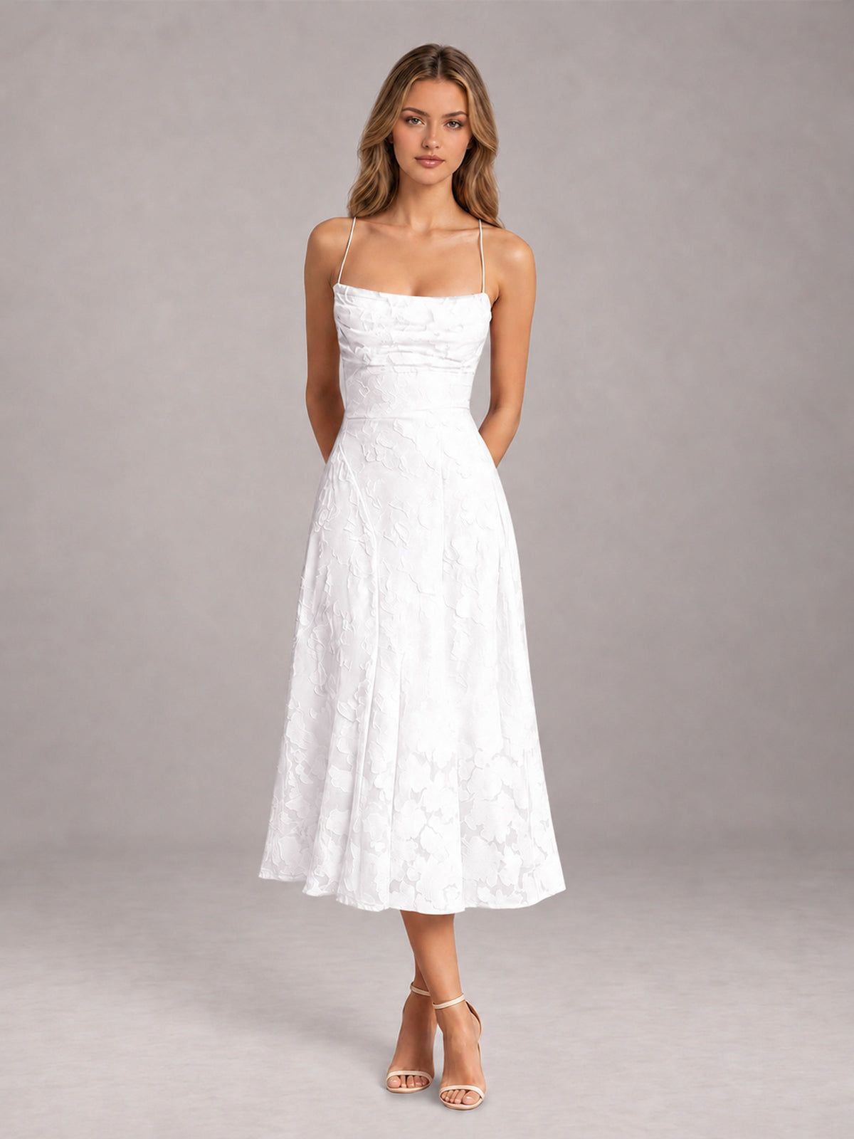 White A-Line/Princess Spaghetti Strap Sleeveless Floral Lace Tea-Length Bridesmaid Dress