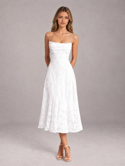 White A-Line/Princess Spaghetti Strap Sleeveless Floral Lace Tea-Length Bridesmaid Dress
